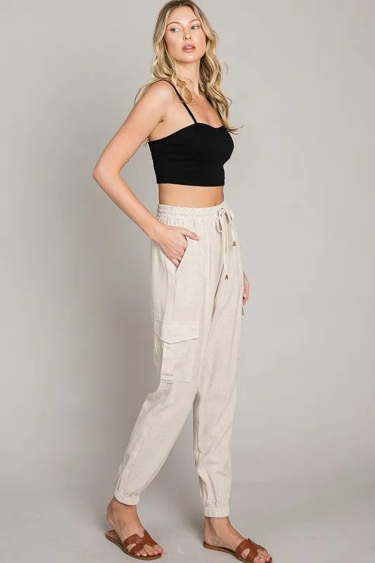 White Soft Linen Joggers with Cargo Pockets