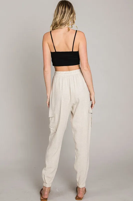 White Soft Linen Joggers with Cargo Pockets