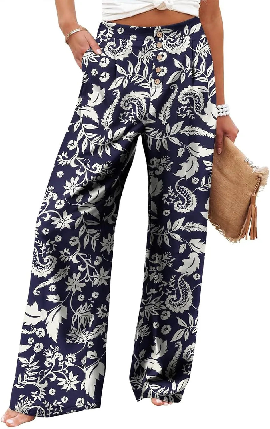 Wide Leg Dress Pants Women Business Casual High Waisted Pants Office Button Down Pleated Work Trousers with Pockets