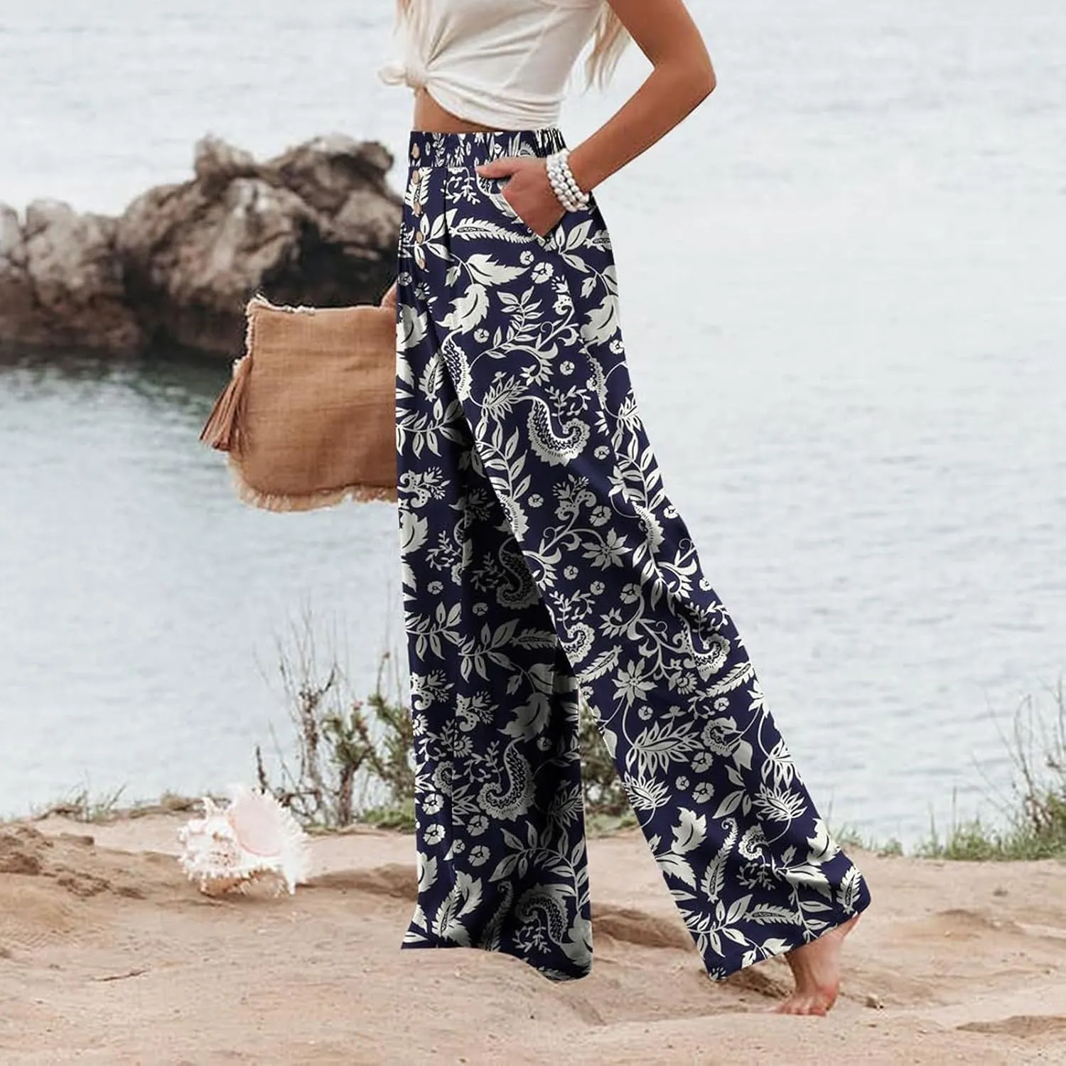 Wide Leg Dress Pants Women Business Casual High Waisted Pants Office Button Down Pleated Work Trousers with Pockets