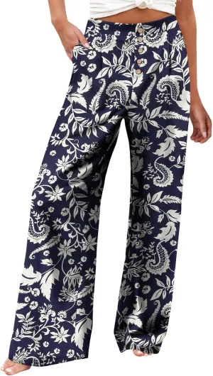 Wide Leg Dress Pants Women Business Casual High Waisted Pants Office Button Down Pleated Work Trousers with Pockets