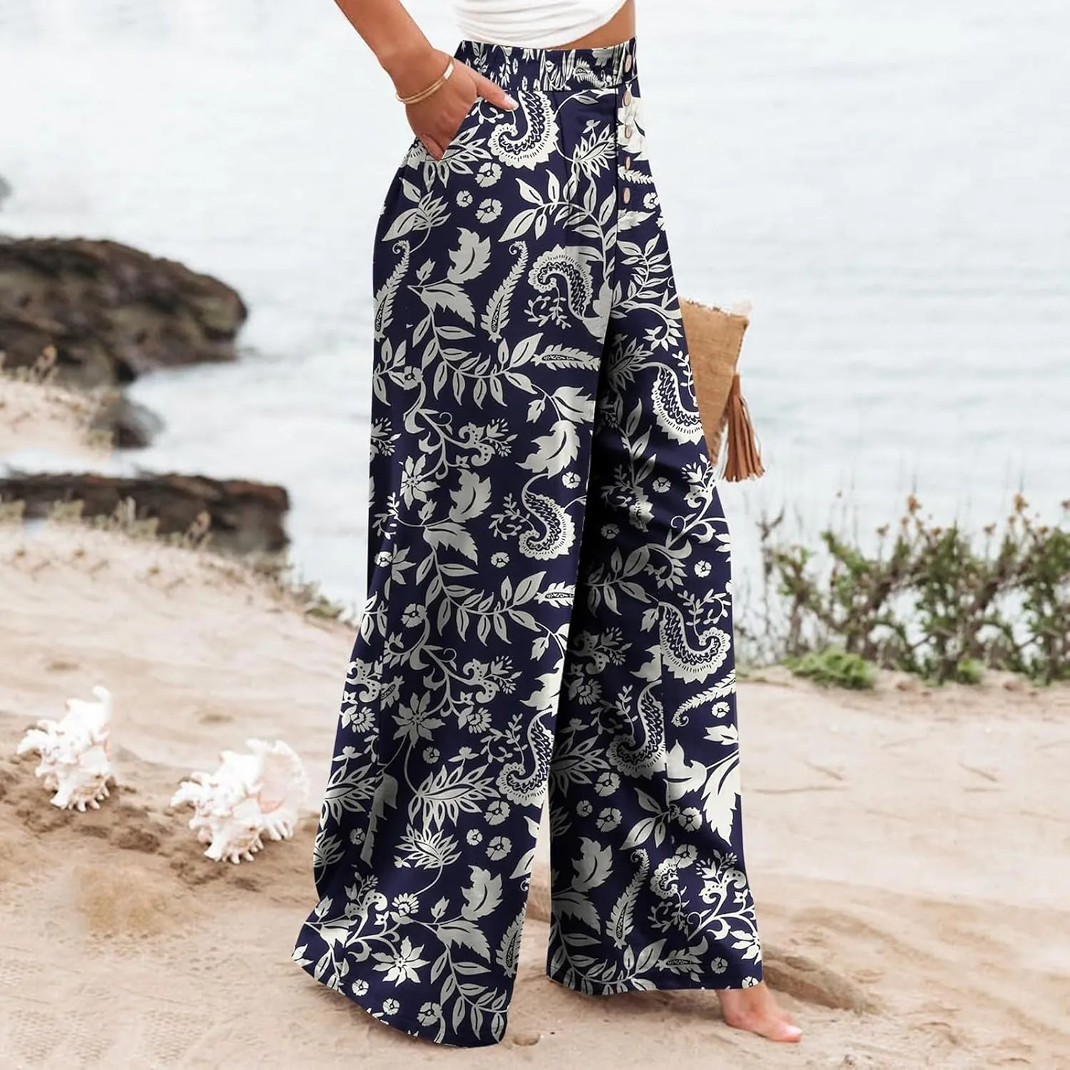 Wide Leg Dress Pants Women Business Casual High Waisted Pants Office Button Down Pleated Work Trousers with Pockets