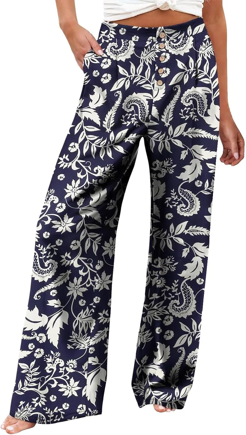 Wide Leg Dress Pants Women Business Casual High Waisted Pants Office Button Down Pleated Work Trousers with Pockets