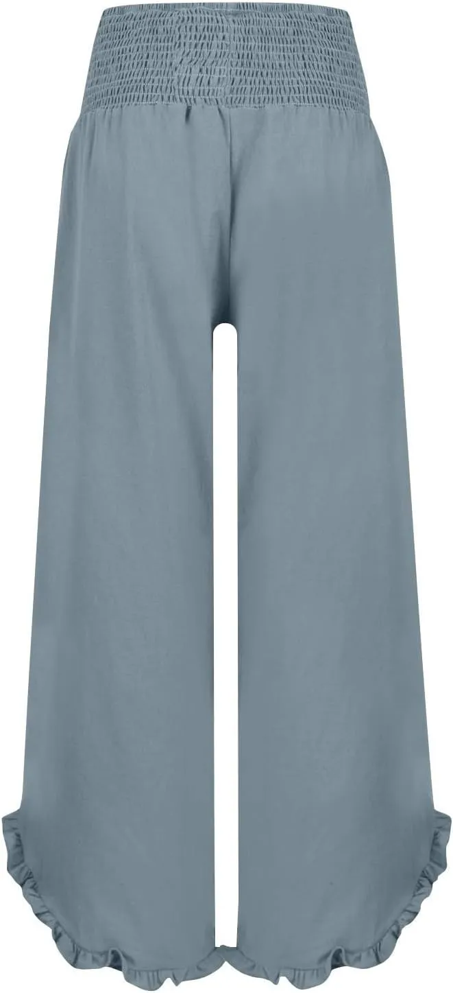 Wide Leg Linen Pants for Women Elastic High Waisted Tummy Control Ruffles Palazzo Pants Casual Summer Flowy Beach Trousers