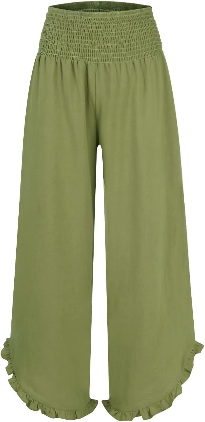 Wide Leg Linen Pants for Women Smocked Elastic Waist Ruffle Hem Palazzo Pants Lightweight Summer Casual Beach Trousers
