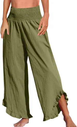 Wide Leg Linen Pants for Women Smocked Elastic Waist Ruffle Hem Palazzo Pants Lightweight Summer Casual Beach Trousers