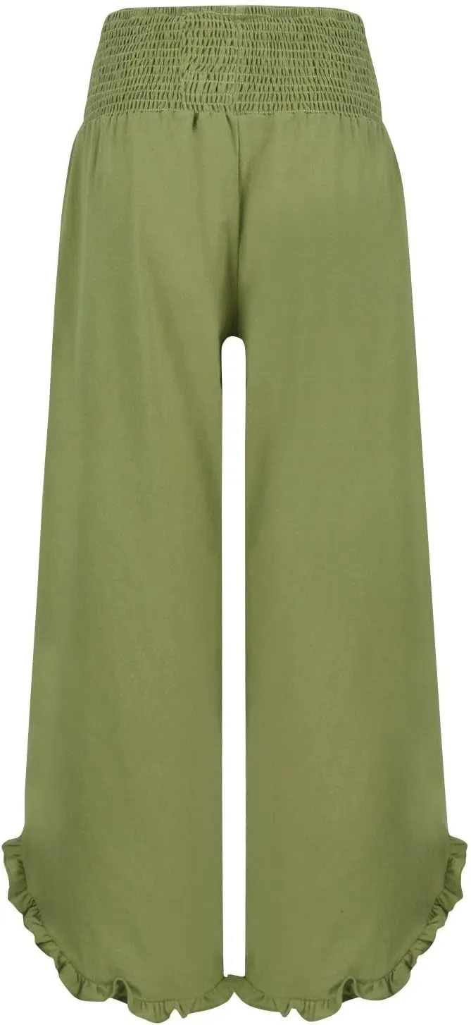 Wide Leg Linen Pants for Women Smocked Elastic Waist Ruffle Hem Palazzo Pants Lightweight Summer Casual Beach Trousers