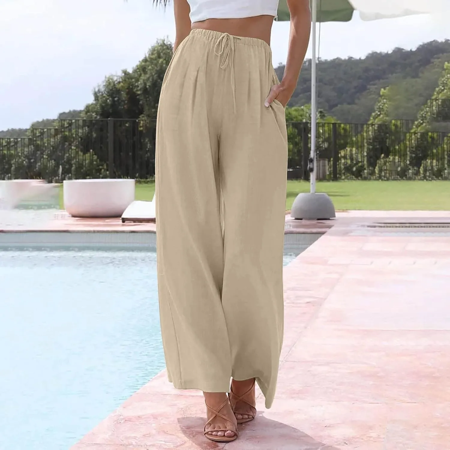 Wide Leg Women Linen Pants Summer Drawstring Elastic High Waisted Palazzo Pants Loose Fit Flowy Beach Trouser w/Pockets