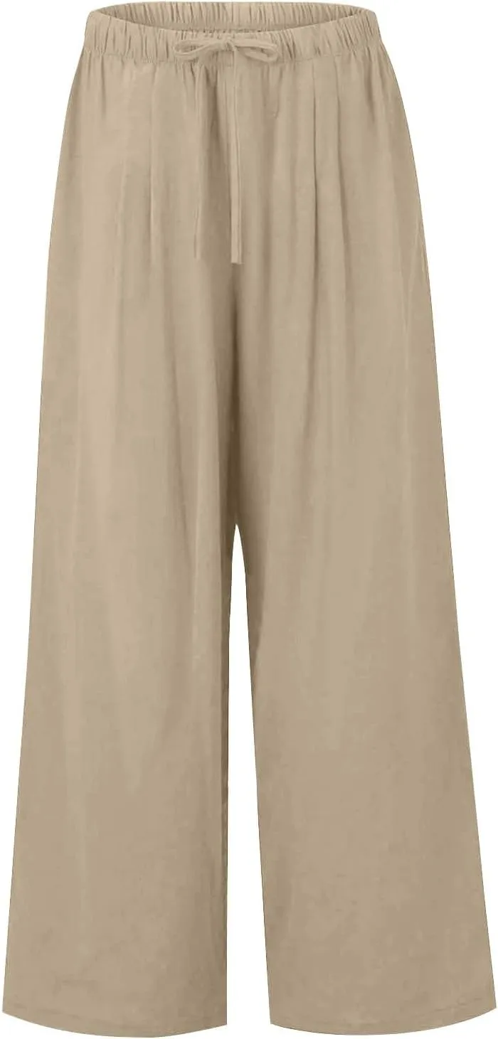 Wide Leg Women Linen Pants Summer Drawstring Elastic High Waisted Palazzo Pants Loose Fit Flowy Beach Trouser w/Pockets