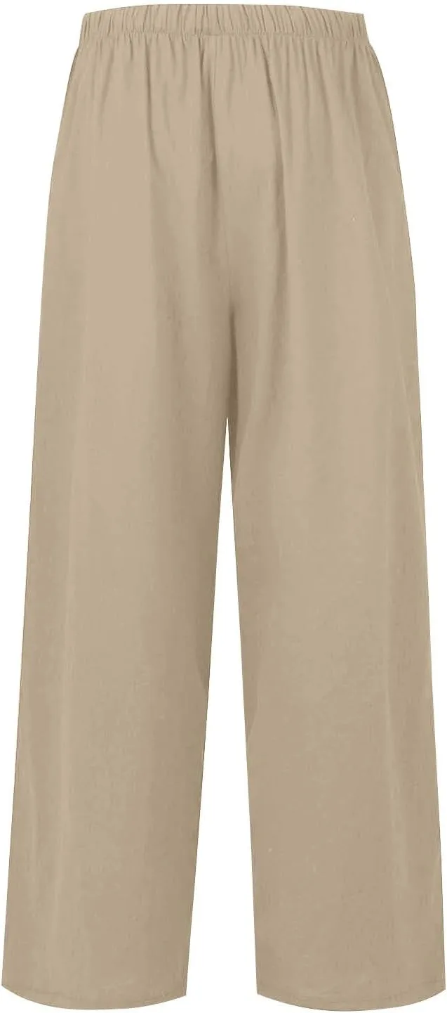 Wide Leg Women Linen Pants Summer Drawstring Elastic High Waisted Palazzo Pants Loose Fit Flowy Beach Trouser w/Pockets