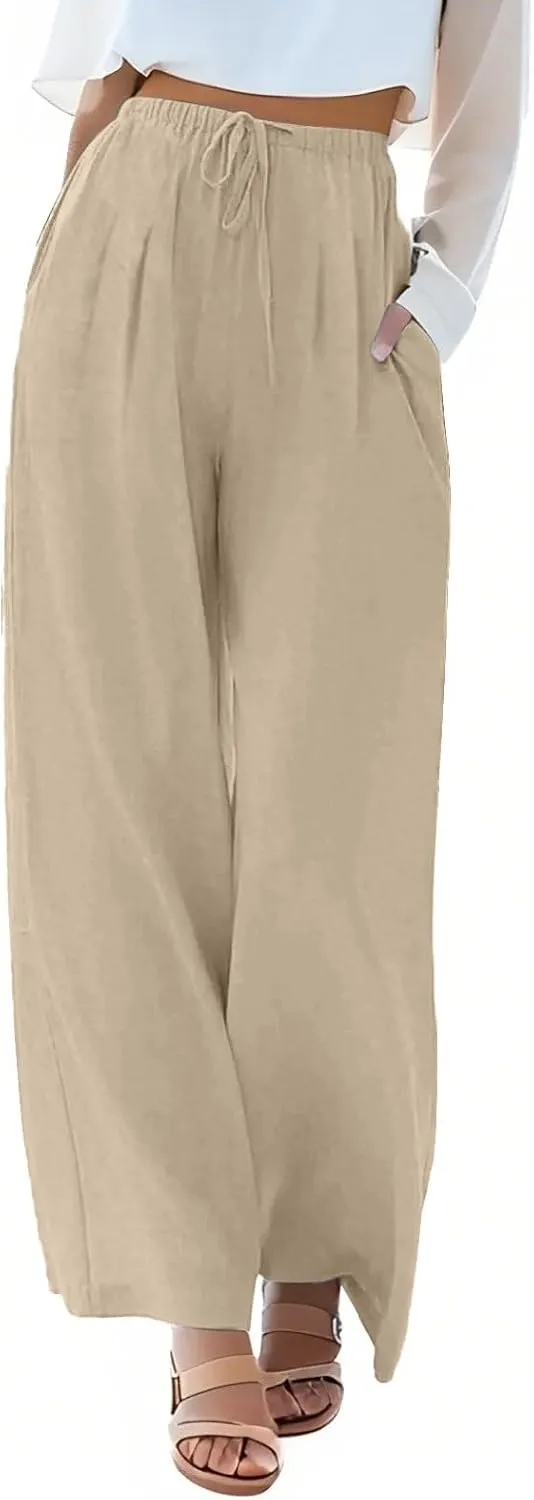 Wide Leg Women Linen Pants Summer Drawstring Elastic High Waisted Palazzo Pants Loose Fit Flowy Beach Trouser w/Pockets