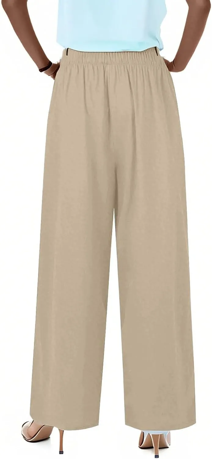 Wide Leg Women Linen Pants Summer Drawstring Elastic High Waisted Palazzo Pants Loose Fit Flowy Beach Trouser w/Pockets