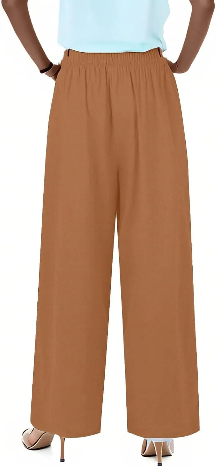 Wide Leg Women Linen Pants Summer Drawstring Elastic High Waisted Palazzo Pants Loose Fit Flowy Beach Trouser w/Pockets
