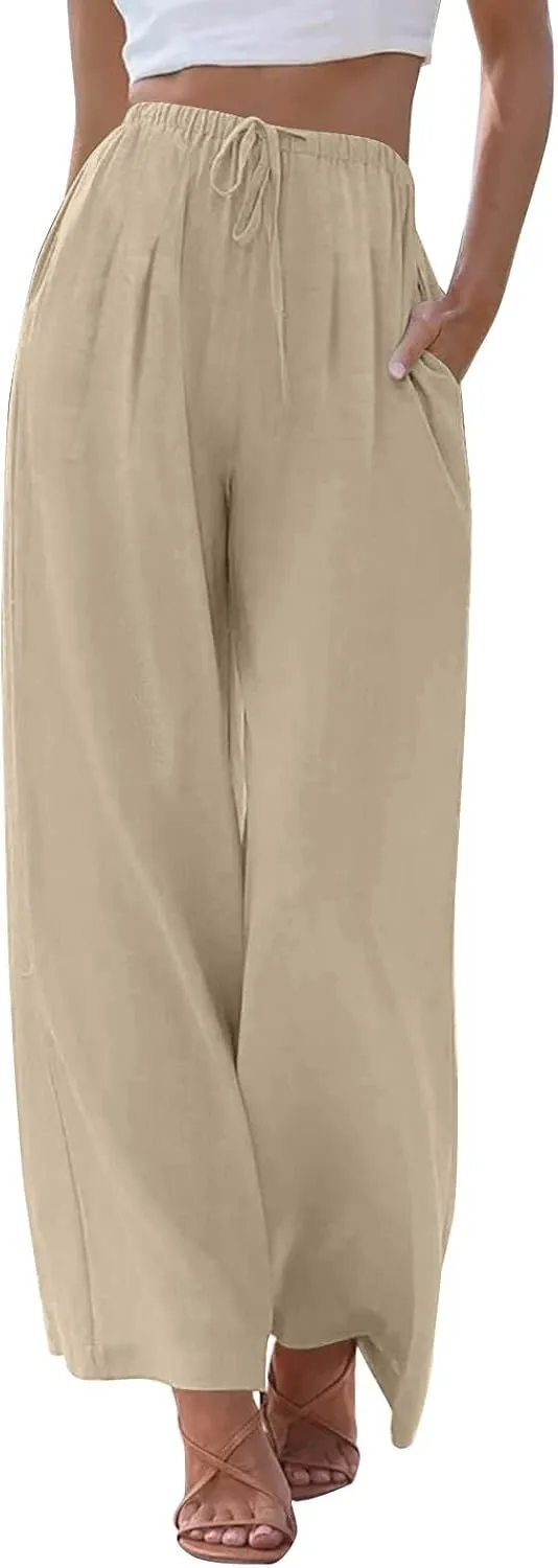 Wide Leg Women Linen Pants Summer Drawstring Elastic High Waisted Palazzo Pants Loose Fit Flowy Beach Trouser w/Pockets