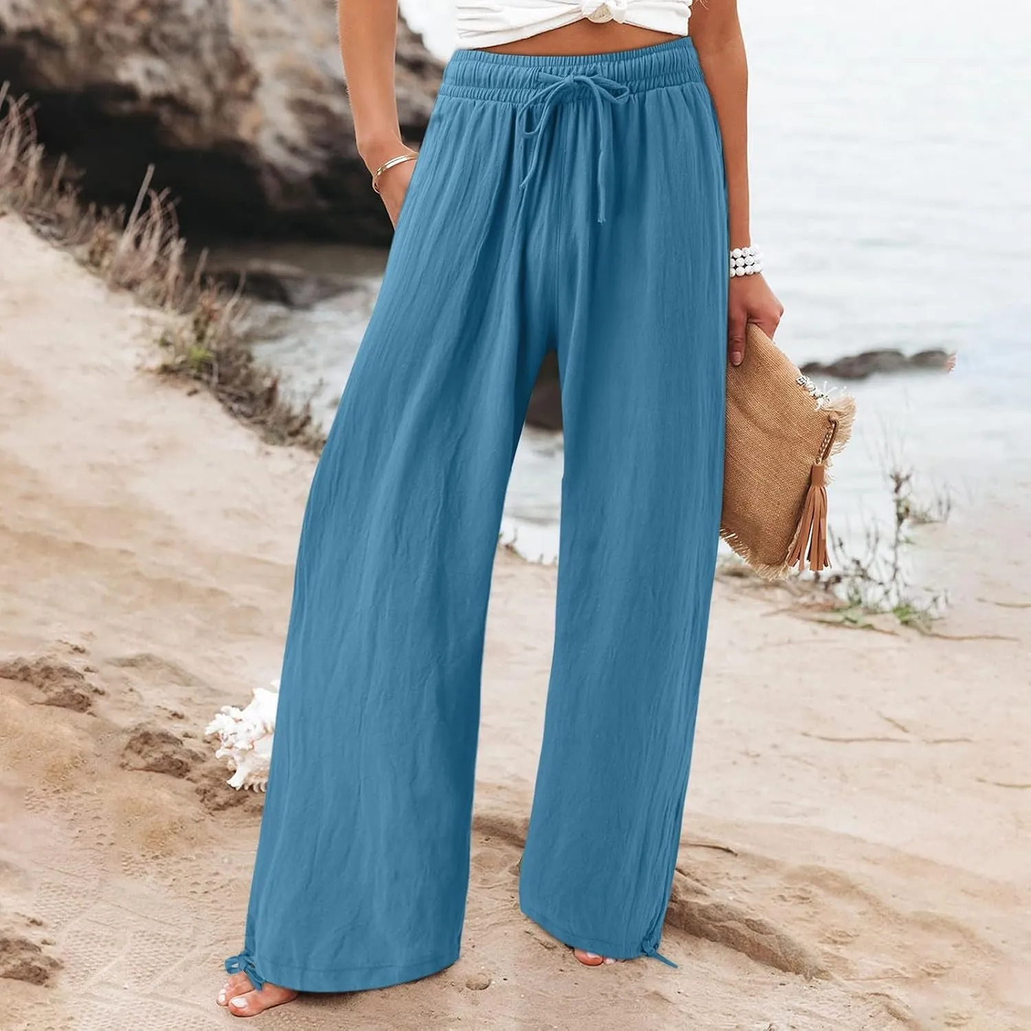 Women Linen Palazzo Pants Summer Boho Beach Yoga Pant Wide Leg Drawstring High Waist Lounge Trousers with Pockets