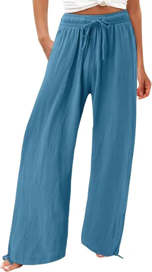 Women Linen Palazzo Pants Summer Boho Beach Yoga Pant Wide Leg Drawstring High Waist Lounge Trousers with Pockets