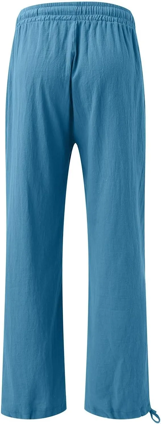 Women Linen Palazzo Pants Summer Boho Beach Yoga Pant Wide Leg Drawstring High Waist Lounge Trousers with Pockets