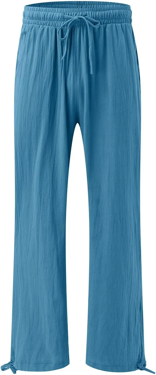 Women Linen Palazzo Pants Summer Boho Beach Yoga Pant Wide Leg Drawstring High Waist Lounge Trousers with Pockets