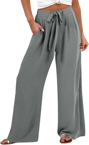 Women Linen Pants Casual Loose High Waist Wide Leg Beach Trousers with Pocket Summer Boho Outfits Trendy Clothes