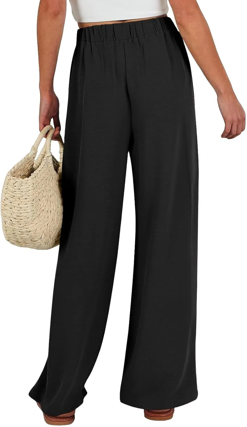 Women Linen Pants Casual Loose High Waist Wide Leg Beach Trousers with Pocket Summer Boho Outfits Trendy Clothes