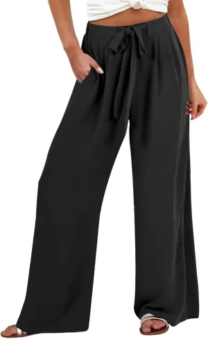 Women Linen Pants Casual Loose High Waist Wide Leg Beach Trousers with Pocket Summer Boho Outfits Trendy Clothes