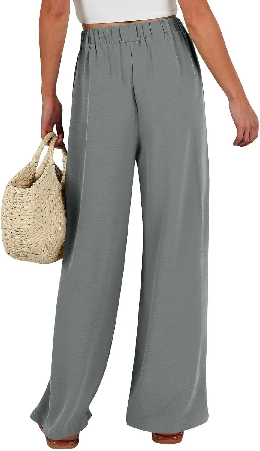 Women Linen Pants Casual Loose High Waist Wide Leg Beach Trousers with Pocket Summer Boho Outfits Trendy Clothes
