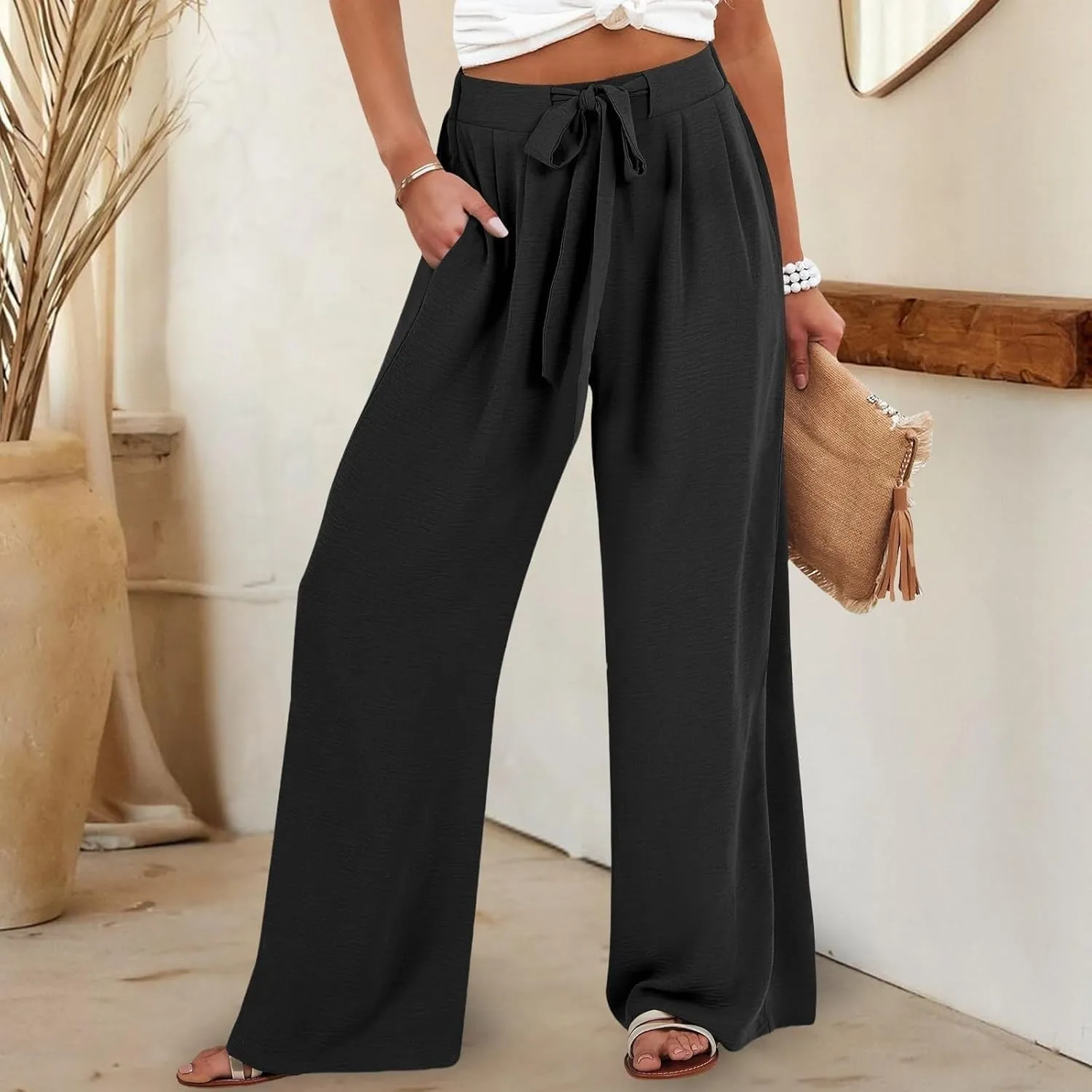 Women Linen Pants Casual Loose High Waist Wide Leg Beach Trousers with Pocket Summer Boho Outfits Trendy Clothes