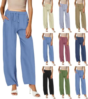 Women Linen Pants Wide Leg Drawstring High Waisted Pants Summer Flowy Lounge Beach Trousers with Pockets