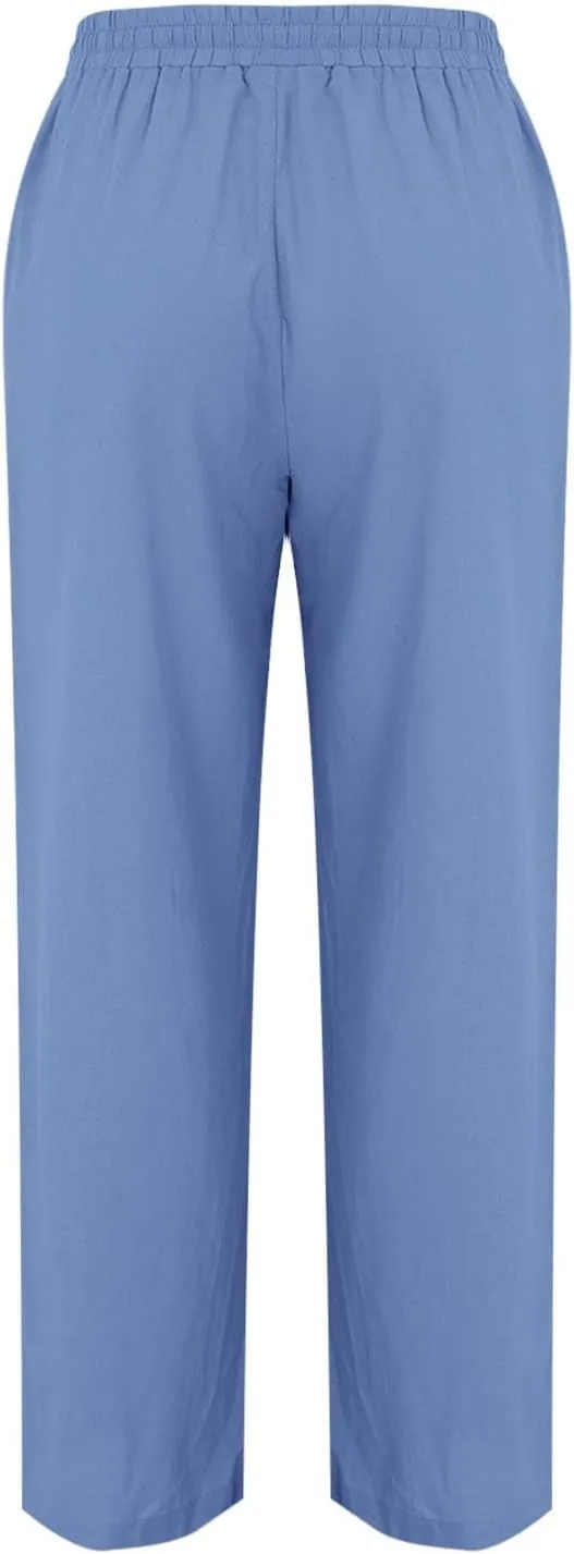 Women Linen Pants Wide Leg Drawstring High Waisted Pants Summer Flowy Lounge Beach Trousers with Pockets