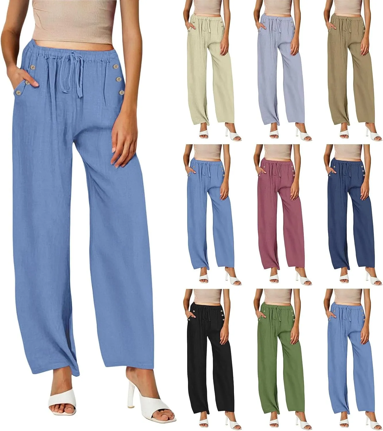 Women Linen Pants Wide Leg Drawstring High Waisted Pants Summer Flowy Lounge Beach Trousers with Pockets
