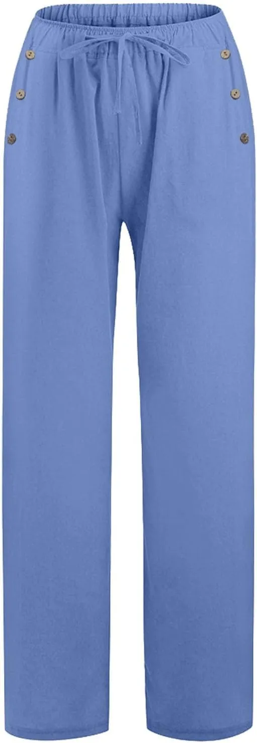 Women Linen Pants Wide Leg Drawstring High Waisted Pants Summer Flowy Lounge Beach Trousers with Pockets