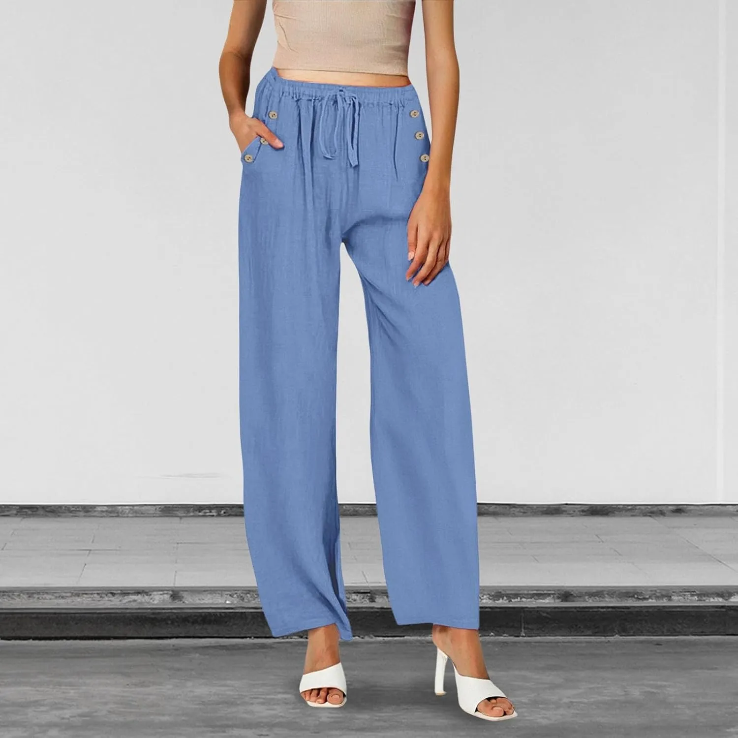 Women Linen Pants Wide Leg Drawstring High Waisted Pants Summer Flowy Lounge Beach Trousers with Pockets