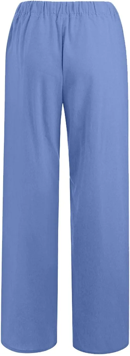 Women Linen Pants Wide Leg Drawstring High Waisted Pants Summer Flowy Lounge Beach Trousers with Pockets