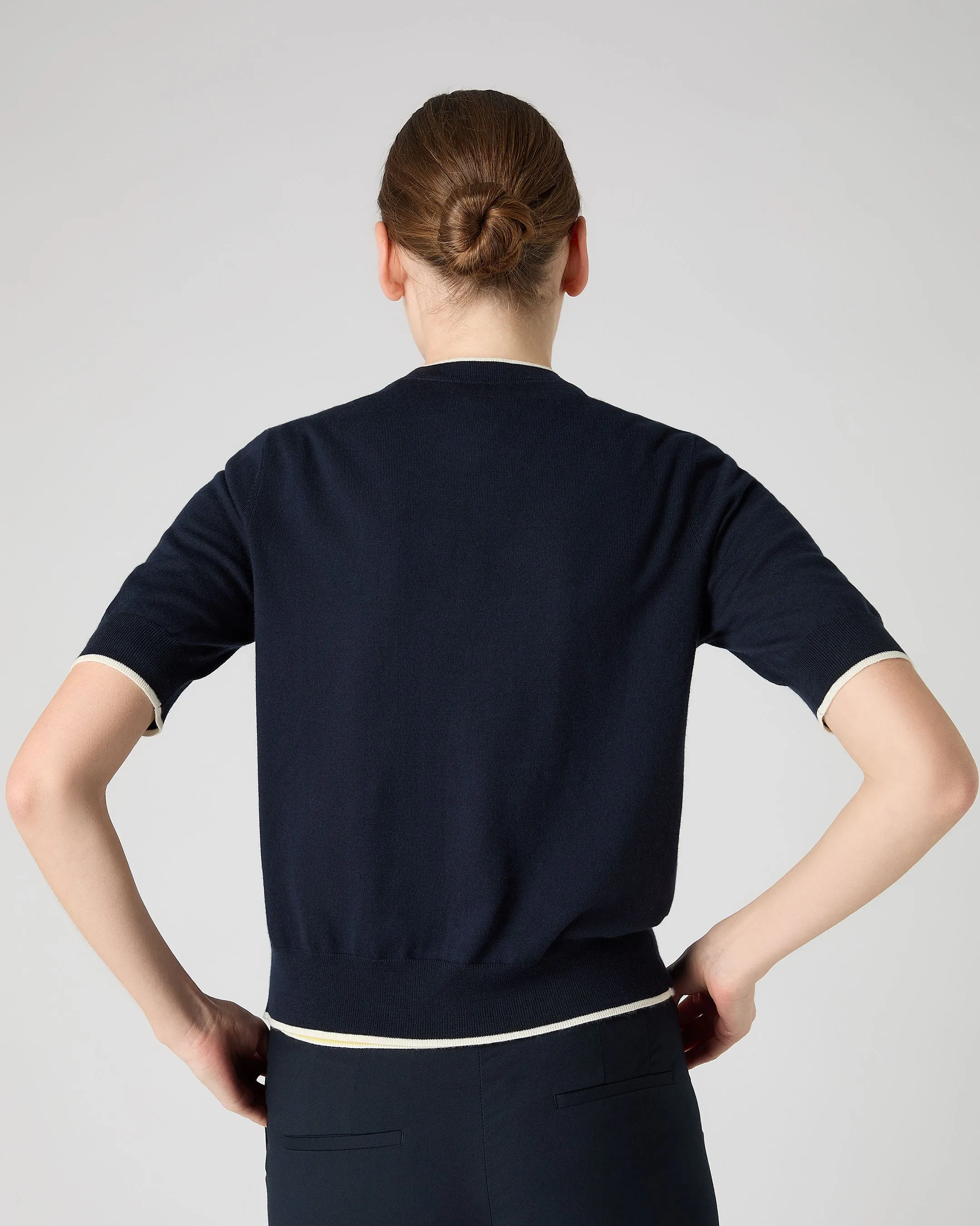 Women's Cotton Cashmere Short Sleeve Cardigan Navy Blue