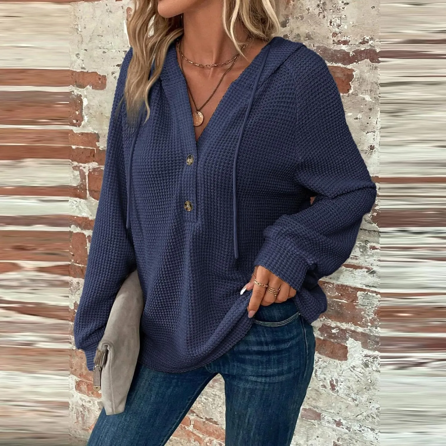 Womens Long Sleeve Hoodies 2024 Drawstring Sweatshirt Loose Button Comfy V-Neck Top Dressy Daily Clothes