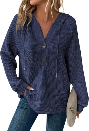 Womens Long Sleeve Hoodies 2024 Drawstring Sweatshirt Loose Button Comfy V-Neck Top Dressy Daily Clothes