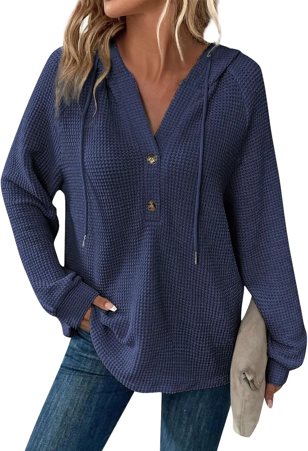 Womens Long Sleeve Hoodies 2024 Drawstring Sweatshirt Loose Button Comfy V-Neck Top Dressy Daily Clothes