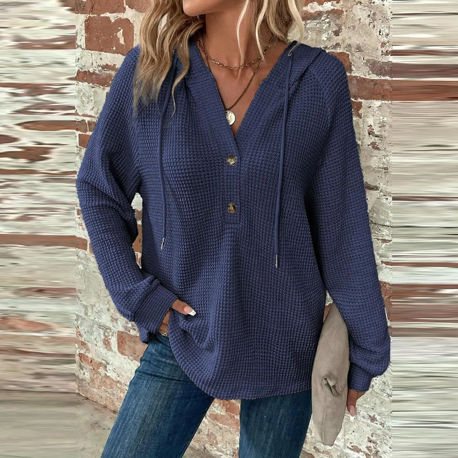 Womens Long Sleeve Hoodies 2024 Drawstring Sweatshirt Loose Button Comfy V-Neck Top Dressy Daily Clothes