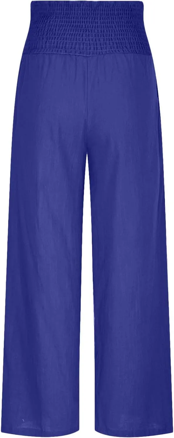Womens Palazzo Cotton Linen Pants 2025 Trendy High Elastic Waist Wide Leg Trousers Summer Beach Resort Lounge Pant