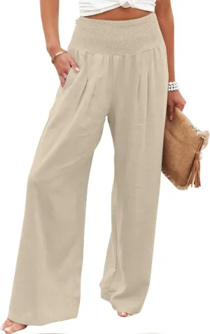 Womens Palazzo Cotton Linen Pants 2025 Trendy High Elastic Waist Wide Leg Trousers Summer Beach Resort Lounge Pant