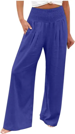 Womens Palazzo Cotton Linen Pants 2025 Trendy High Elastic Waist Wide Leg Trousers Summer Beach Resort Lounge Pant