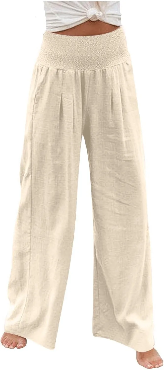 Womens Palazzo Cotton Linen Pants 2025 Trendy High Elastic Waist Wide Leg Trousers Summer Beach Resort Lounge Pant