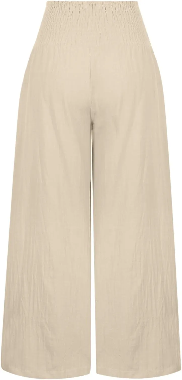 Womens Palazzo Cotton Linen Pants 2025 Trendy High Elastic Waist Wide Leg Trousers Summer Beach Resort Lounge Pant