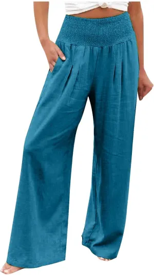 Womens Palazzo Cotton Linen Pants 2025 Trendy High Elastic Waist Wide Leg Trousers Summer Beach Resort Lounge Pant