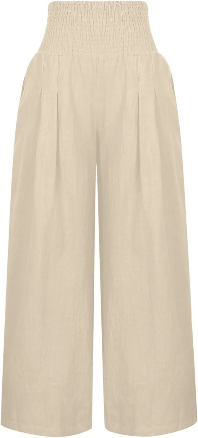 Womens Palazzo Cotton Linen Pants 2025 Trendy High Elastic Waist Wide Leg Trousers Summer Beach Resort Lounge Pant