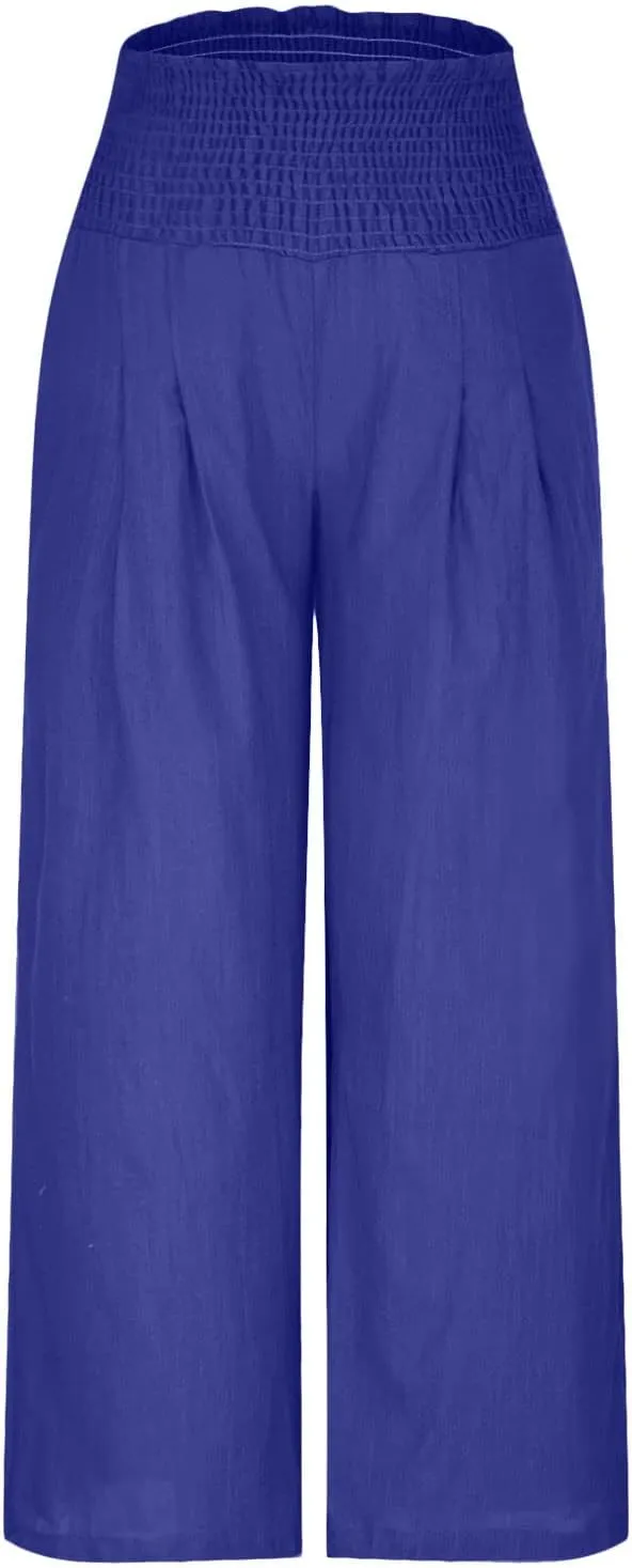 Womens Palazzo Cotton Linen Pants 2025 Trendy High Elastic Waist Wide Leg Trousers Summer Beach Resort Lounge Pant