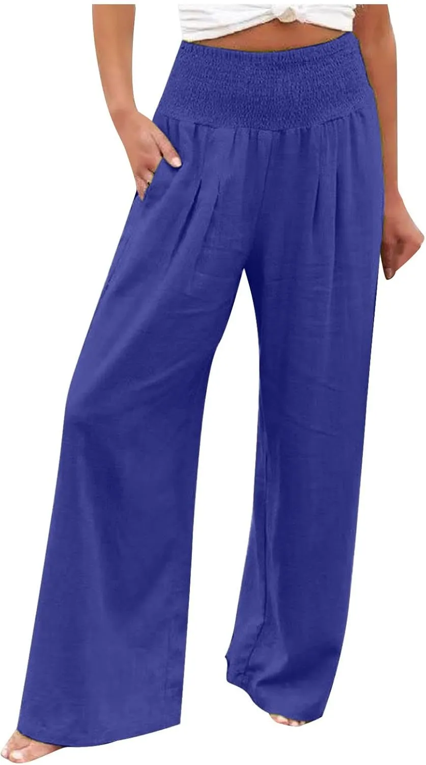 Womens Palazzo Cotton Linen Pants 2025 Trendy High Elastic Waist Wide Leg Trousers Summer Beach Resort Lounge Pant