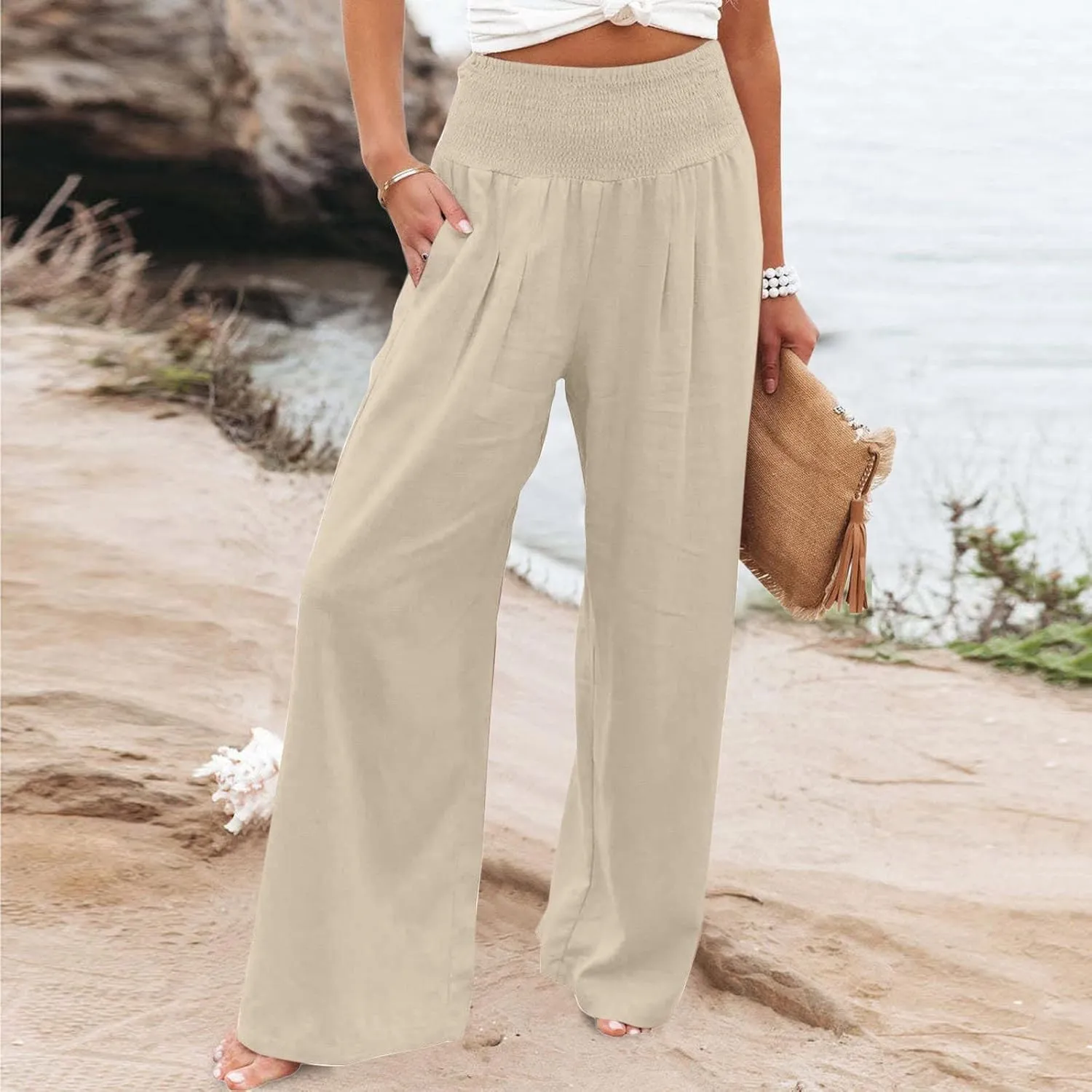 Womens Palazzo Cotton Linen Pants 2025 Trendy High Elastic Waist Wide Leg Trousers Summer Beach Resort Lounge Pant