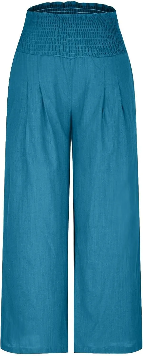 Womens Palazzo Cotton Linen Pants 2025 Trendy High Elastic Waist Wide Leg Trousers Summer Beach Resort Lounge Pant