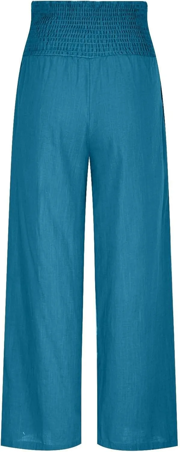 Womens Palazzo Cotton Linen Pants 2025 Trendy High Elastic Waist Wide Leg Trousers Summer Beach Resort Lounge Pant
